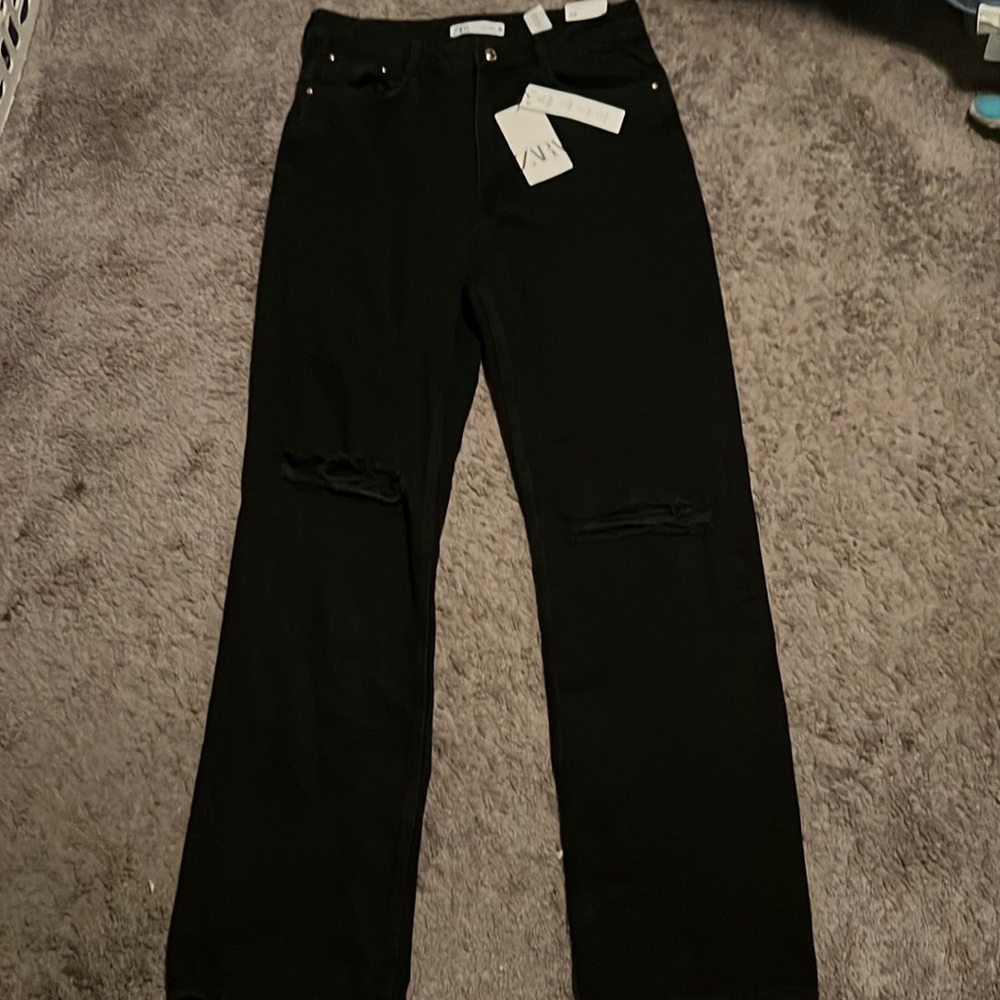 NWT Zara black ripped straight leg jeans